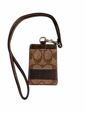 Coach Brown Signature ID Lanyard with Dark Brown Stripe